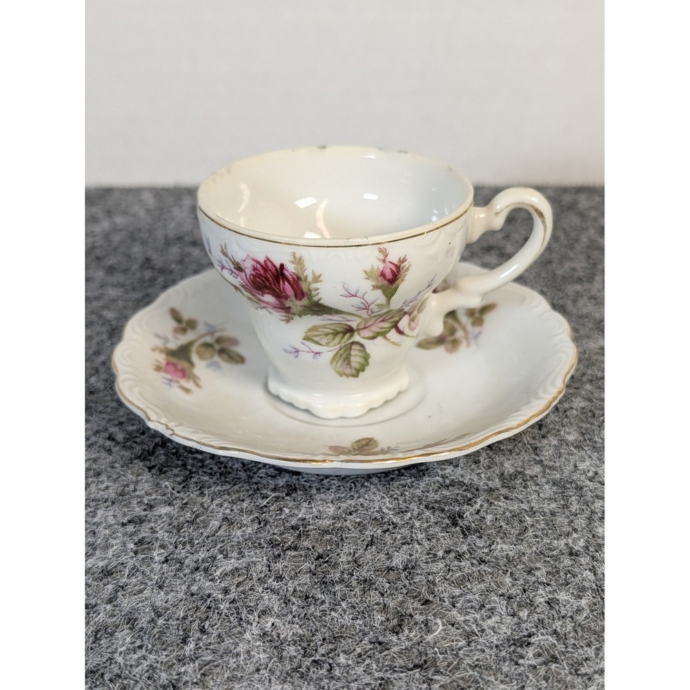Vintage Ucagco Cup and Saucer Set Pink Rosebud Gold Trim Japan Porcelain